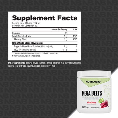 The NutraBio Mega Beets Supplement Facts label features beet root powder for nitric oxide support and cardiovascular health. The bottom right shows the white Mega Beets container with berry images on a dark backdrop.