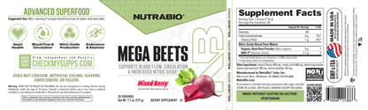 The NutraBio Brands Advanced Longevity Stack label features a beet graphic, supplement facts, and icons for heart health, blood flow, and nitric oxide. Mixed berry flavor. Non-GMO and vegetarian—pair with NMN for your ultimate longevity stack.
