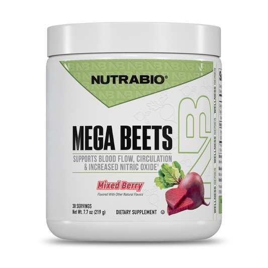 A container of NutraBio Mega Beets mixed berry dietary supplement with beet root powder supports cardiovascular health, blood flow, and nitric oxide; the front shows images of a beet and mixed berries.