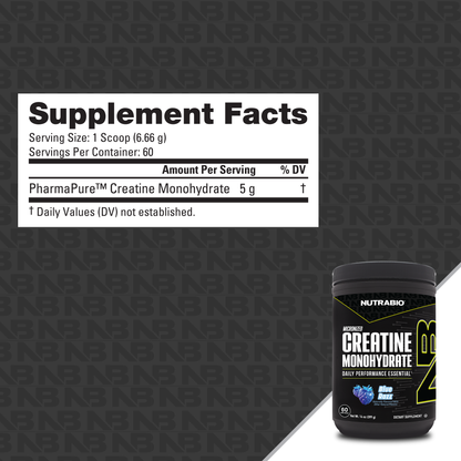 The Supplement Facts label for NutraBio Creatine Monohydrate Powder shows each 6.66g scoop contains 5g micronized creatine monohydrate, with 60 servings per container. The lower right displays a black tub of the product.