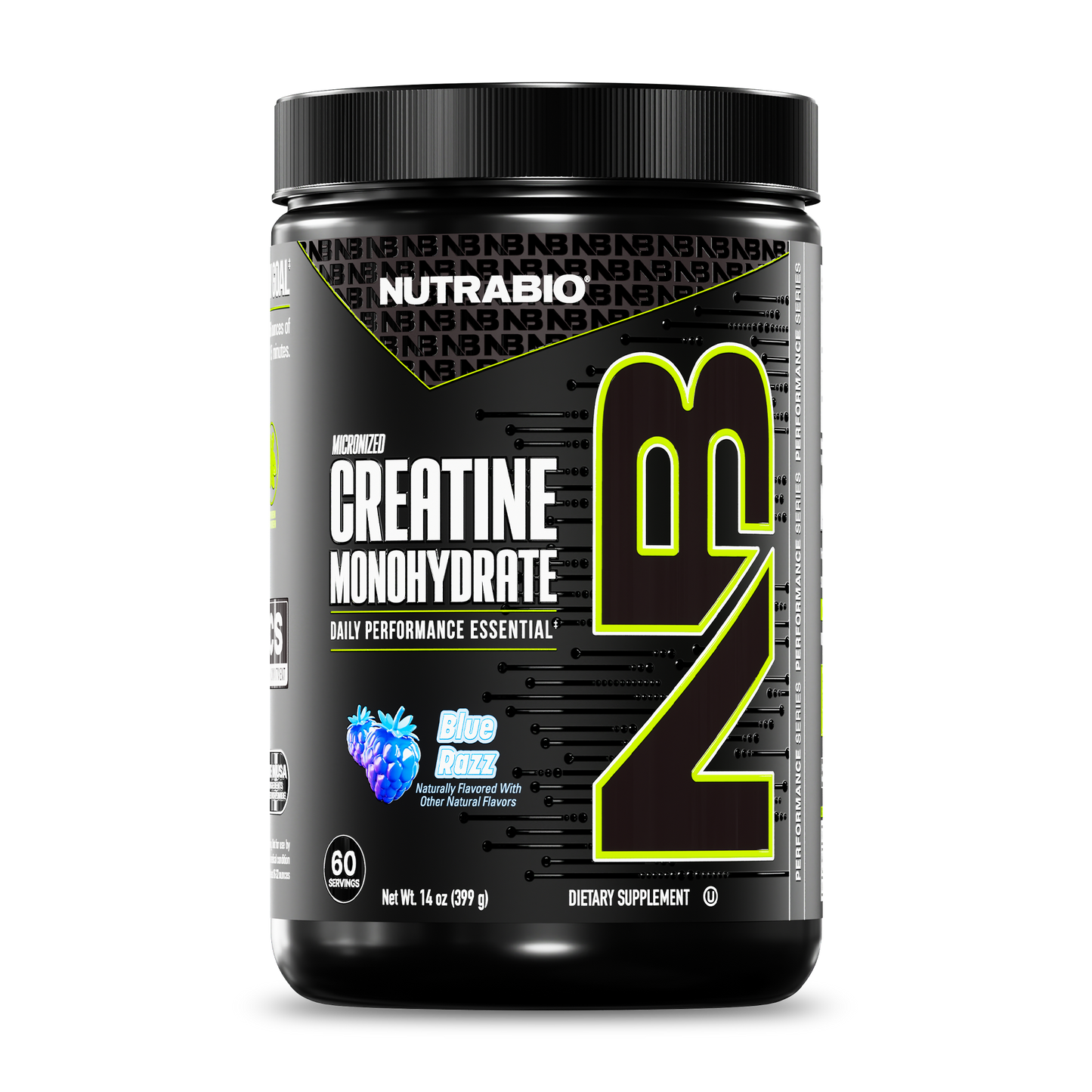 NutraBio Creatine Monohydrate Powder, 14 oz, 60 servings, comes in a black container with neon green branding on a dark label in Blue Razz flavor.