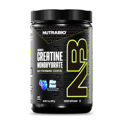 NutraBio Creatine Monohydrate Powder, 14 oz, 60 servings, comes in a black container with neon green branding on a dark label in Blue Razz flavor.