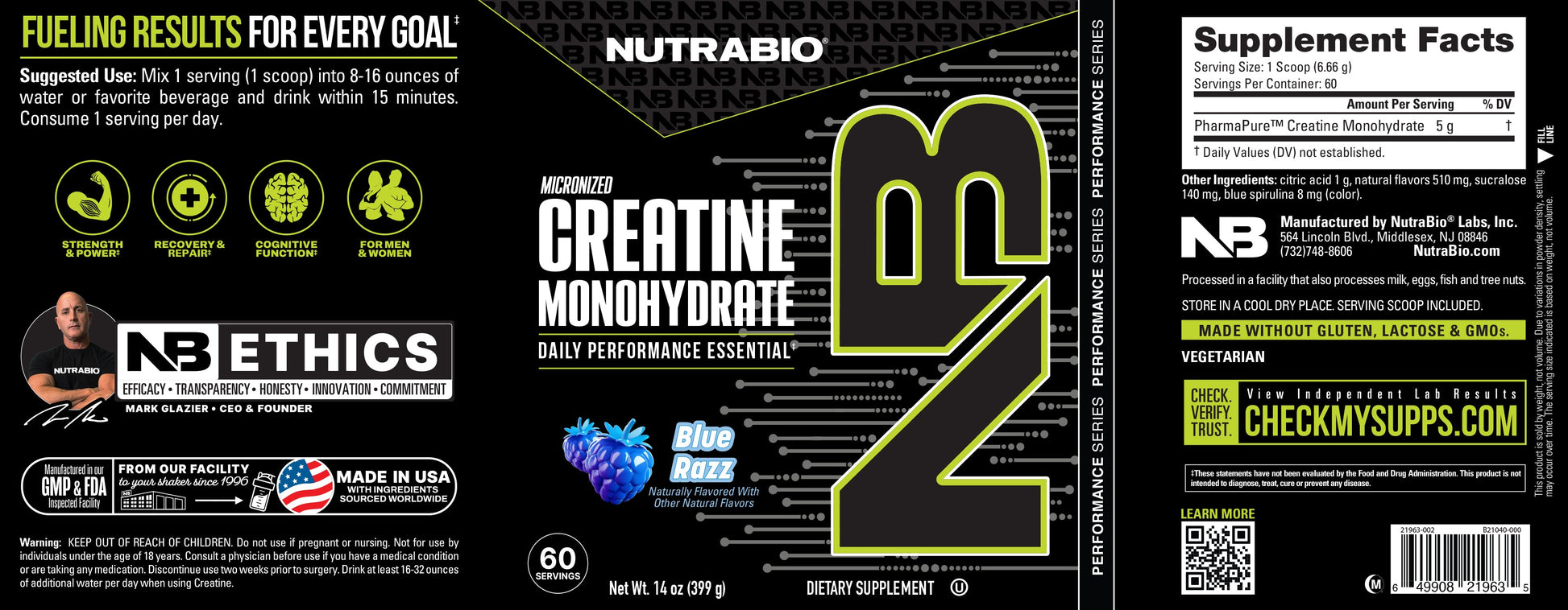 Black and green NutraBio Creatine Monohydrate Powder label, Blue Razz flavor, featuring supplement facts, usage instructions, NB Ethics logo, ingredients. 60 servings; made in the USA; gluten-free, lactose-free, non-GMO.