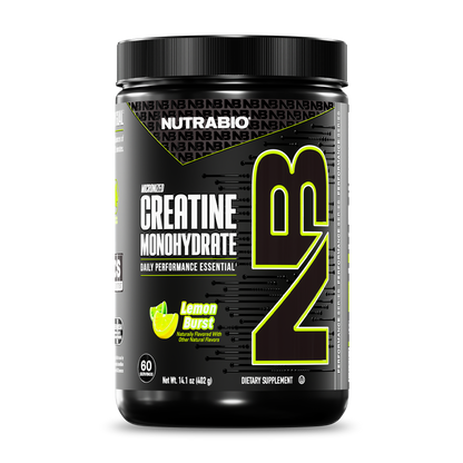 A black NutraBio Creatine Monohydrate Powder container, Lemon Burst flavor, features bold yellow and white text, lemon images, and notes 60 servings of micronized creatine powder (1.41 lbs/642 g) on the label.