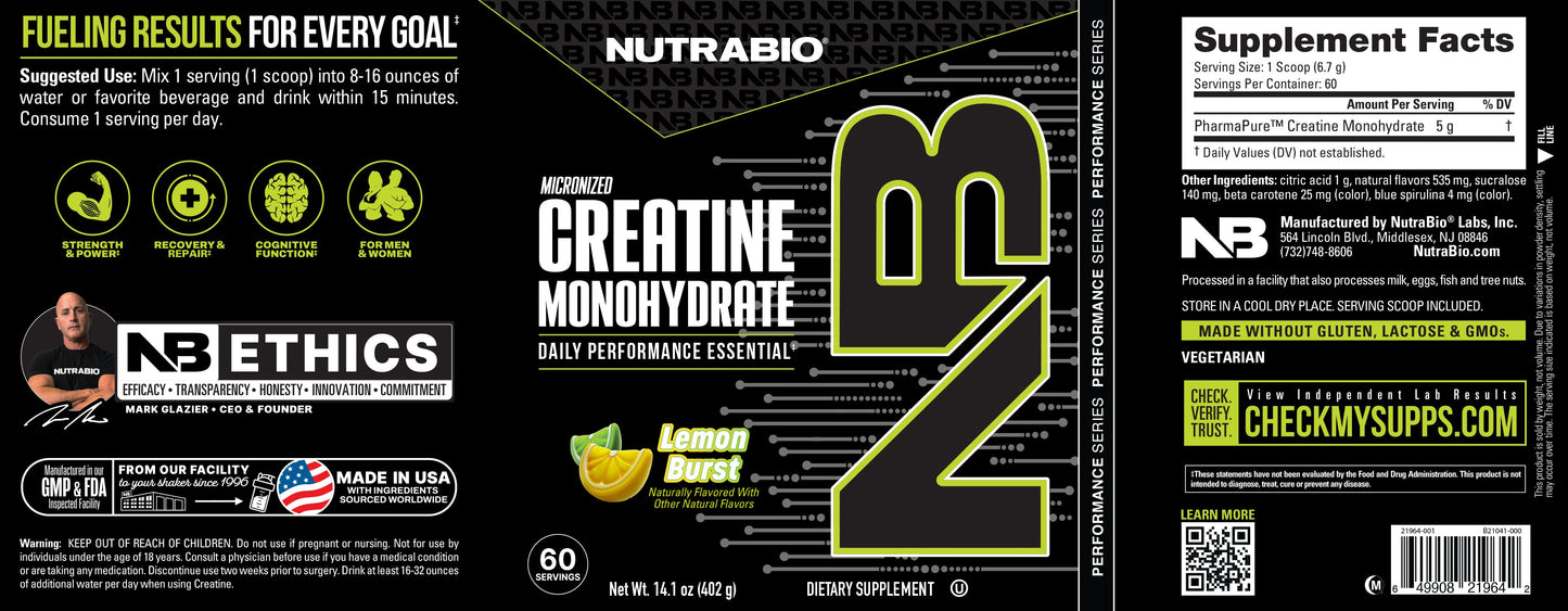 NutraBio Creatine Monohydrate Powder label displays product info, "Lemon Burst" flavor, supplement facts, key benefits, and certifications like vegetarian and made in the USA on a black and yellow design.