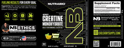 NutraBio Creatine Monohydrate Powder label displays product info, "Lemon Burst" flavor, supplement facts, key benefits, and certifications like vegetarian and made in the USA on a black and yellow design.