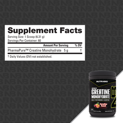 NutraBio Creatine Monohydrate Powder in Paradise Punch flavor provides 1 scoop (6.31 g) per serving, 60 servings per container, each with 5 g of micronized creatine monohydrate. Container and supplement facts label are shown.