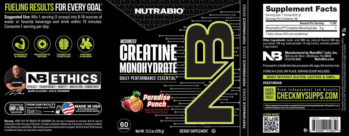 NutraBio Creatine Monohydrate Powder front and back labels highlight supplement facts, ingredients, usage directions, and ethical values in a black and neon green design.