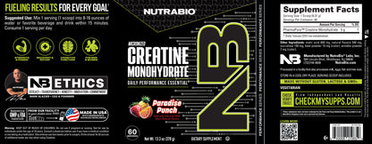 NutraBio Creatine Monohydrate Powder front and back labels highlight supplement facts, ingredients, usage directions, and ethical values in a black and neon green design.