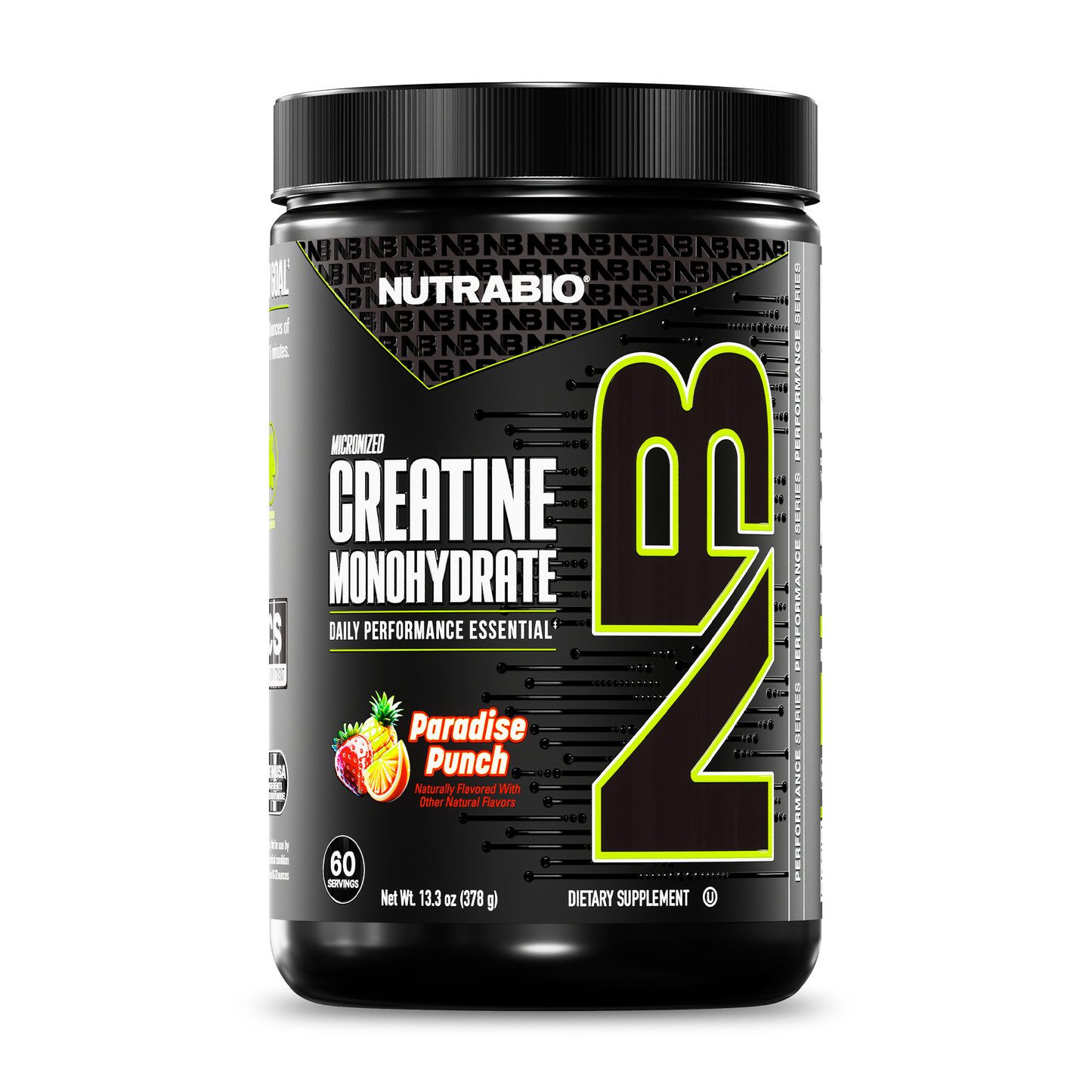 A black NutraBio Creatine Monohydrate Powder container with bold yellow NB lettering offers 13.23 oz (375 g) of micronized creatine in Paradise Punch flavor as a dietary supplement.