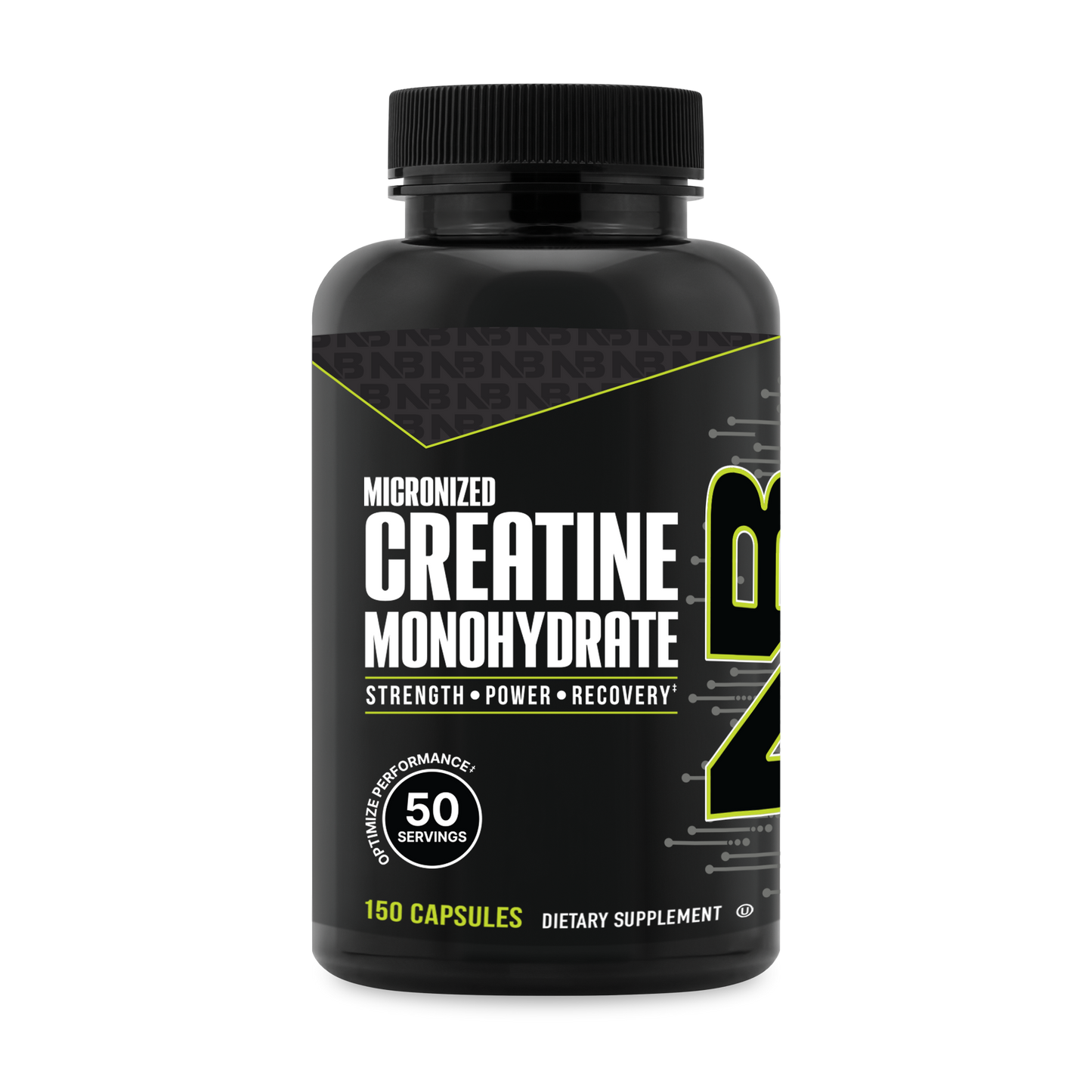 A black tub of NutraBio's Creatine Monohydrate supplement on a white background.