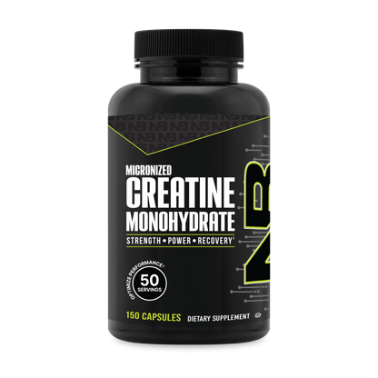 A black tub of NutraBio's Creatine Monohydrate supplement on a white background.