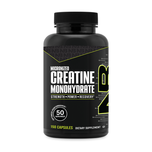 A black tub of NutraBio's Creatine Monohydrate supplement on a white background.