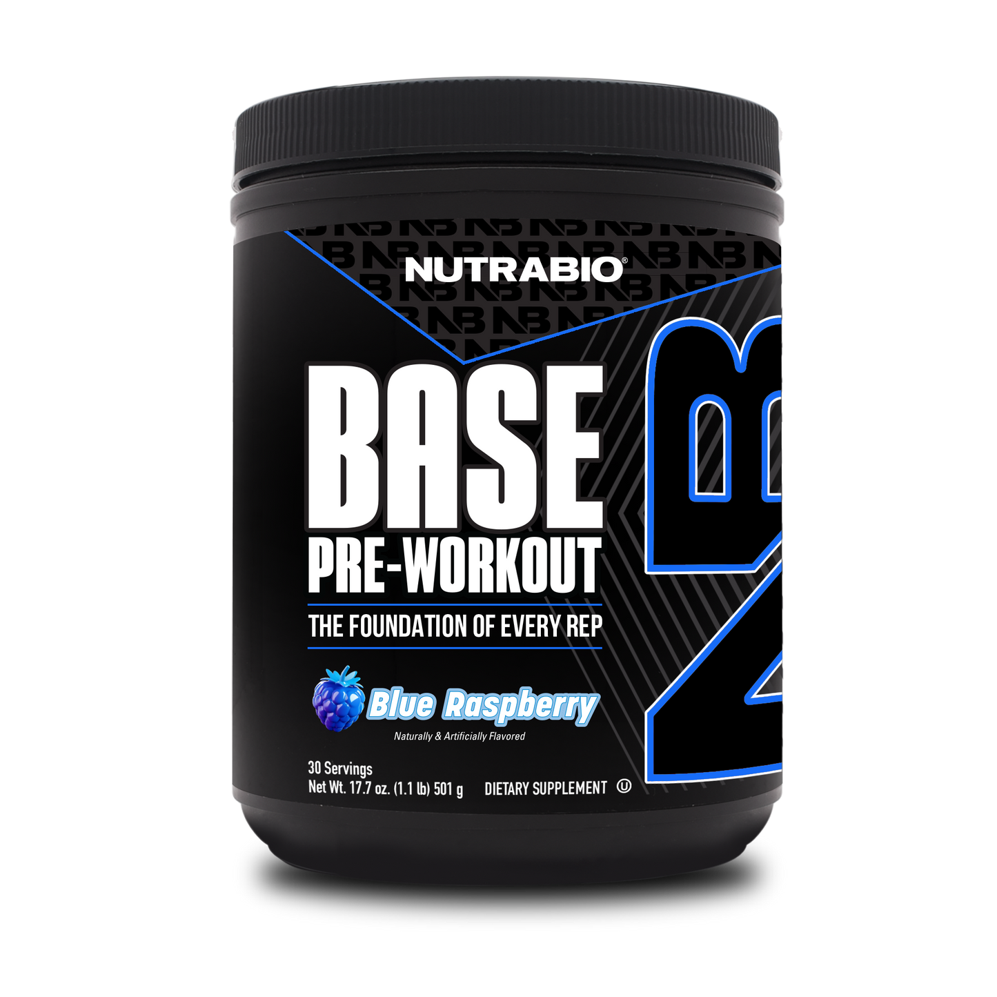 A black tub of NutraBio's Base Pre Workout supplement on a white background.