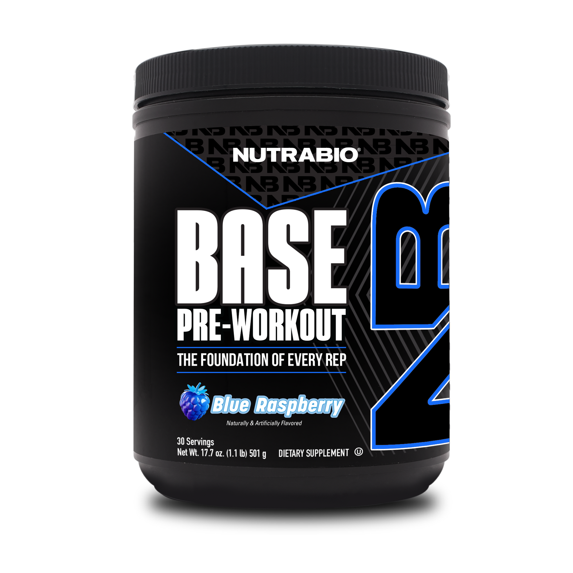 A black tub of NutraBio's Base Pre Workout supplement on a white background.