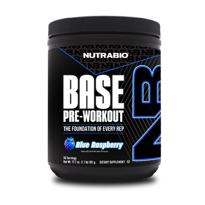 A black tub of NutraBio's Base Pre Workout supplement on a white background.