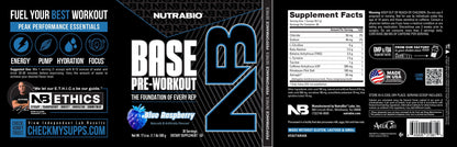 The NutraBio Base Pre-Workout label in black, white, and blue highlights Blue Raspberry flavor, supplement facts, icons for energy and hydration benefits, a QR code, Made in USA badge; 12.4 oz jar with 35 servings.
