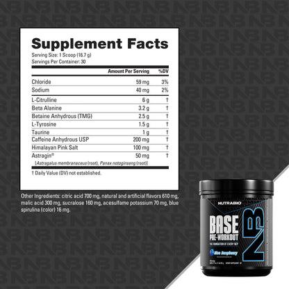 The NutraBio Base Pre-Workout supplement facts label displays ingredient details, nutrition values, and daily percentages; emphasizes energy and hydration support. Product container with branding appears at the bottom right.