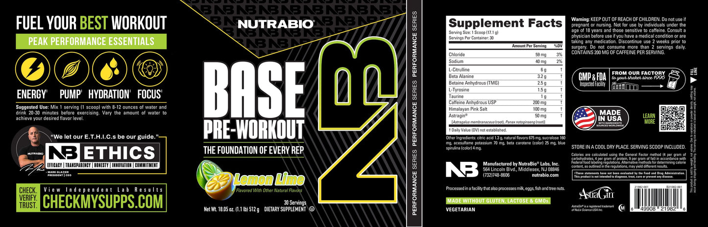 NutraBio Base Pre-Workout Lemon Lime label features supplement facts, benefits (energy, pumps, hydration, focus), a lemon lime graphic, and icons for lab tested, Made in USA, and NB Ethics. Design uses black, yellow, and green colors.
