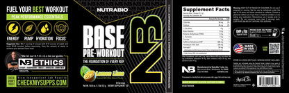 NutraBio Base Pre-Workout Lemon Lime label features supplement facts, benefits (energy, pumps, hydration, focus), a lemon lime graphic, and icons for lab tested, Made in USA, and NB Ethics. Design uses black, yellow, and green colors.