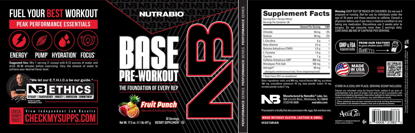 NutraBio Base Pre-Workout fruit punch label in black, red, and white features icons for energy, pump, hydration, and focus plus supplement facts, usage directions, and certifications.