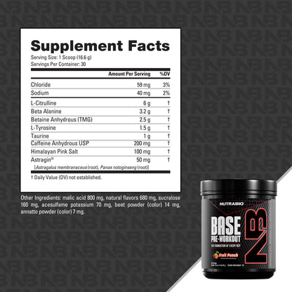NutraBio Base Pre-Workout Supplement Facts label for Fruit Punch flavor, listing ingredients, doses, and daily values per scoop. Highlights muscle pumps and workout energy. Product container shown at bottom right of the image.