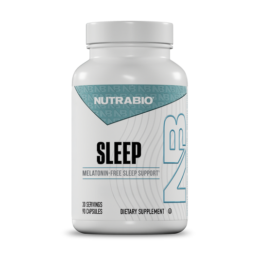 White bottle of Sleep - 90 Servings, a melatonin-free sleep aid with 30 servings and 90 capsules.