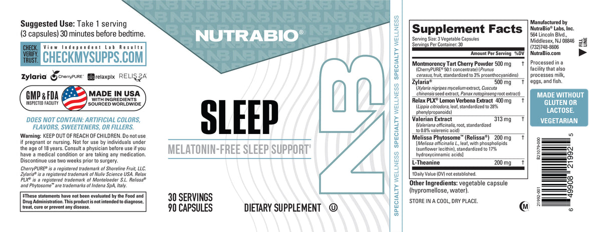 Front and side panels of a Sleep - 90 Servings melatonin-free sleep aid bottle, displaying suggested use, ingredients, and the facts label to help improve sleep quality.