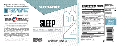Front and side panels of a Sleep - 90 Servings melatonin-free sleep aid bottle, displaying suggested use, ingredients, and the facts label to help improve sleep quality.