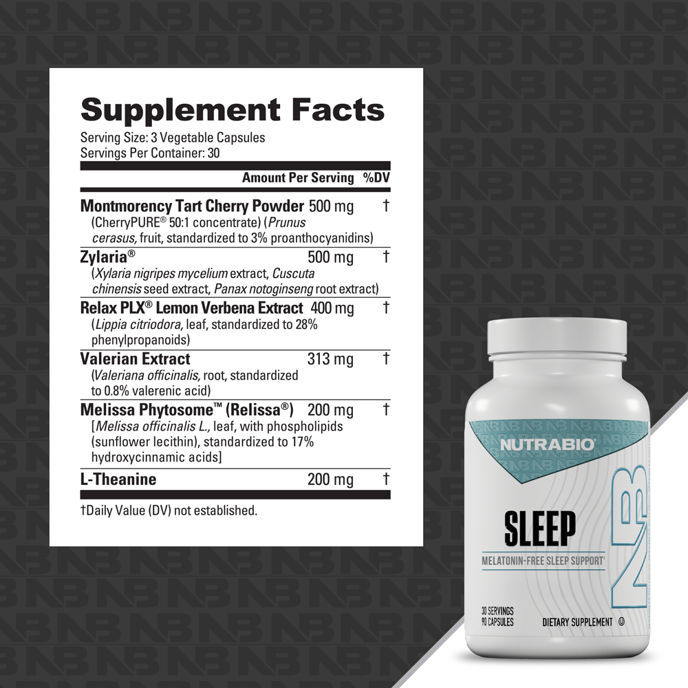 A bottle of Sleep - 90 Servings supplement displayed next to a list of its nutritional ingredients.