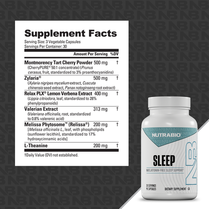 A bottle of Sleep - 90 Servings supplement displayed next to a list of its nutritional ingredients.