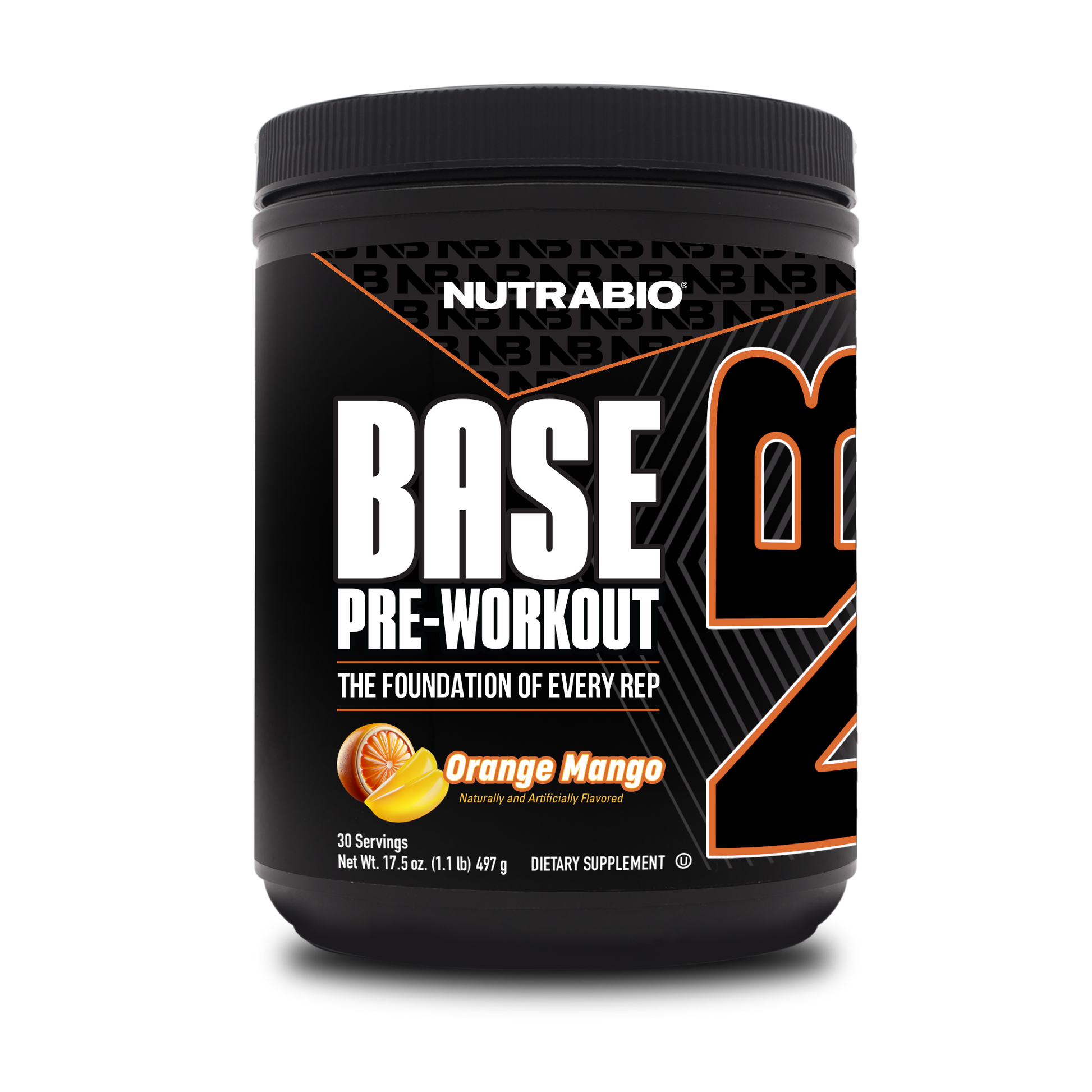 A black tub of NutraBio's Base Pre Workout supplement on a white background.