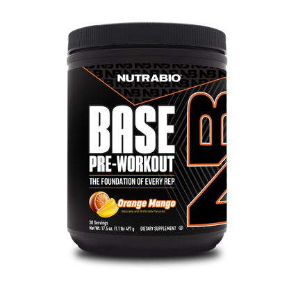 A black tub of NutraBio's Base Pre Workout supplement on a white background.