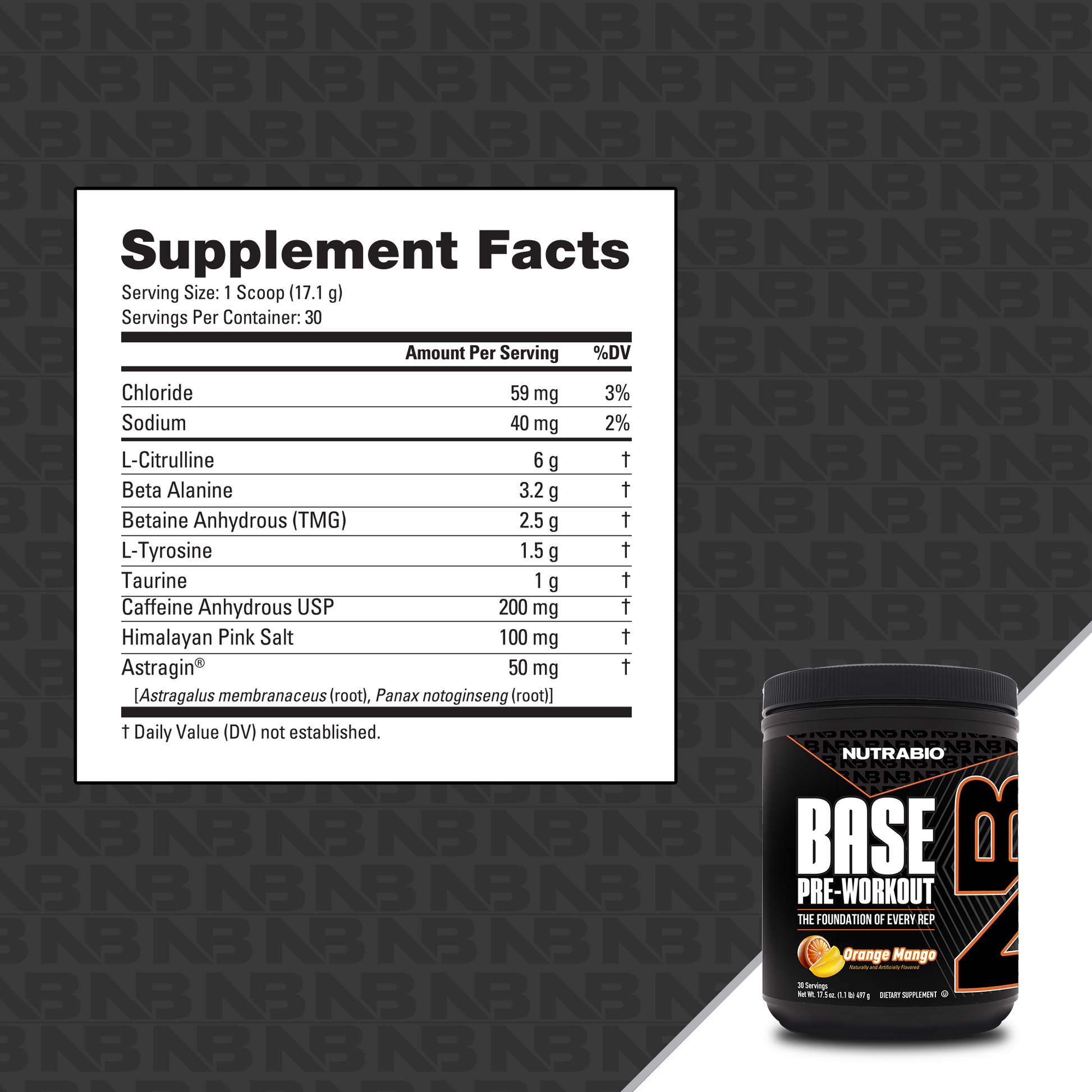 The nutrition label for NutraBio's orange and mango flavored Base Pre Workout supplement.