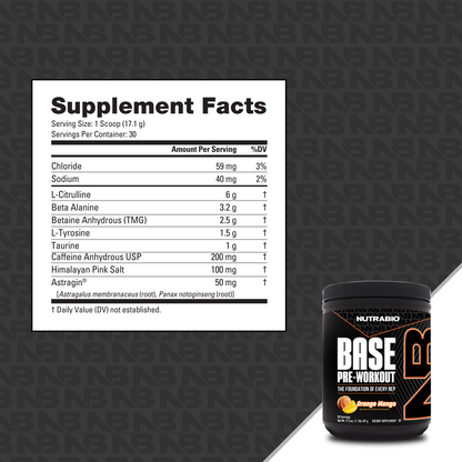 The nutrition label for NutraBio's orange and mango flavored Base Pre Workout supplement.