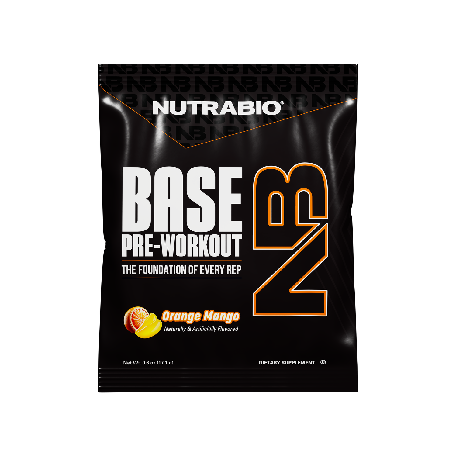 The NutraBio Base Pre-Workout - Sample Packet features bold white and orange text and an orange mango flavor icon on the black packet, delivering powerful workout energy for enhanced muscle pumps.