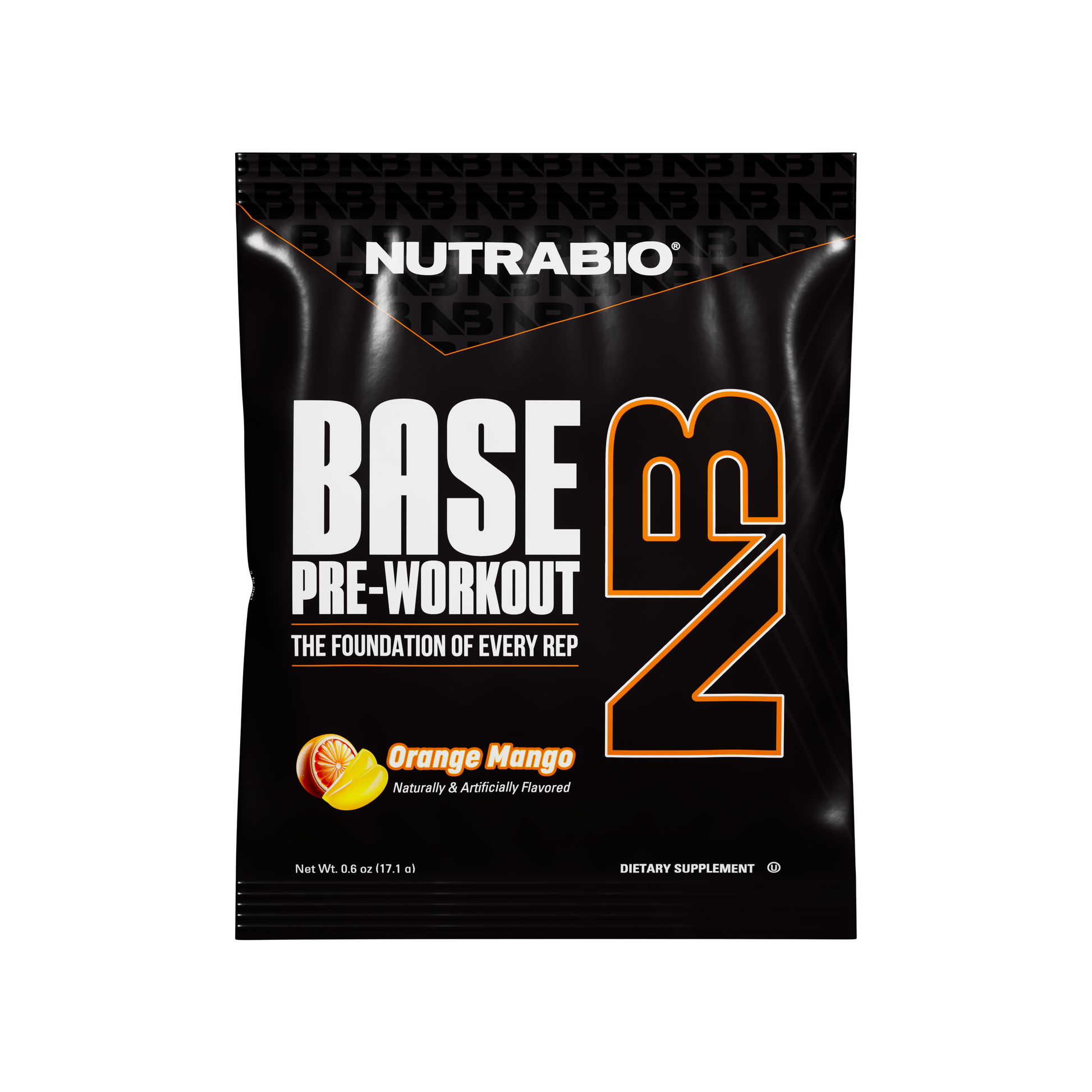 The NutraBio Base Pre-Workout - Sample Packet features bold white and orange text and an orange mango flavor icon on the black packet, delivering powerful workout energy for enhanced muscle pumps.
