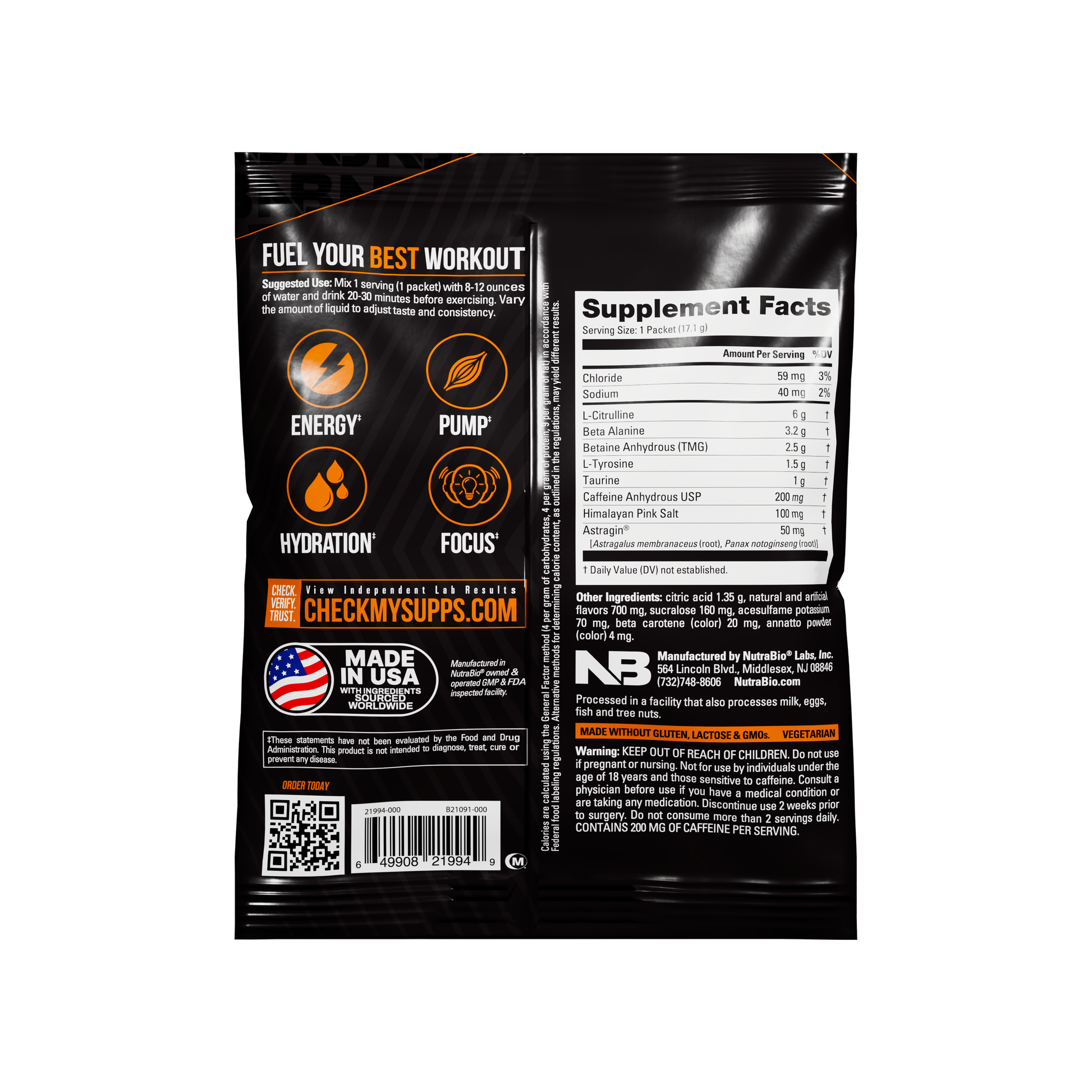 Back of the NutraBio Base Pre-Workout - Sample Packet displays supplement facts, ingredients, icons for energy, hydration, pump & focus, a QR code, Made in USA label, and website checkmysupps.com.