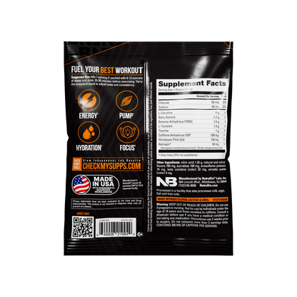 Back of the NutraBio Base Pre-Workout - Sample Packet displays supplement facts, ingredients, icons for energy, hydration, pump & focus, a QR code, Made in USA label, and website checkmysupps.com.