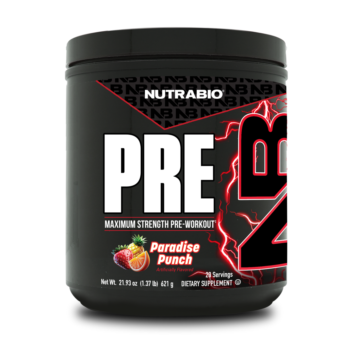 A black tub of NutraBio's PRE pre-workout supplement, in the flavor Paradise Punch.