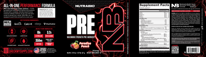The tub label, including supplement facts and preparation instructions, for NutraBio's PRE pre-workout supplement.