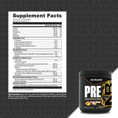 The supplement facts for NutraBio's PRE pre-workout supplement.