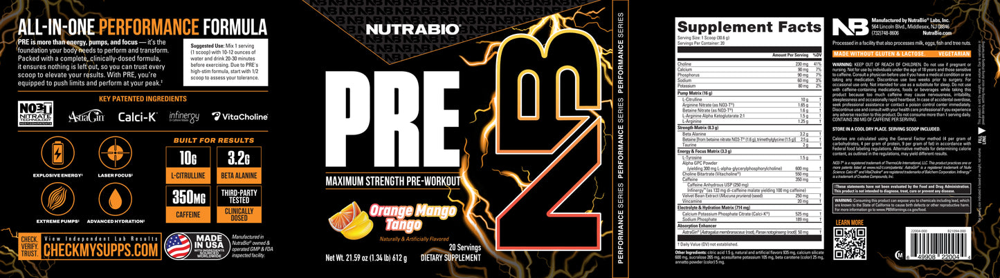 The tub label, including supplement facts and preparation instructions, for NutraBio's PRE pre-workout supplement.