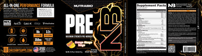 The tub label, including supplement facts and preparation instructions, for NutraBio's PRE pre-workout supplement.
