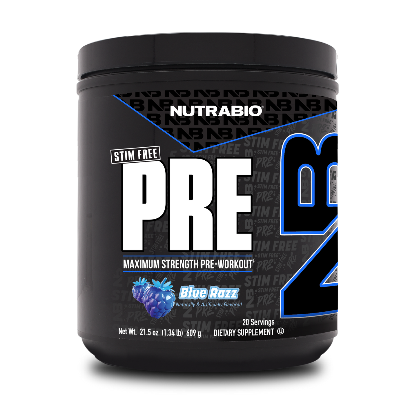 A black tub of NutraBio's Pre Workout supplement on a white background.