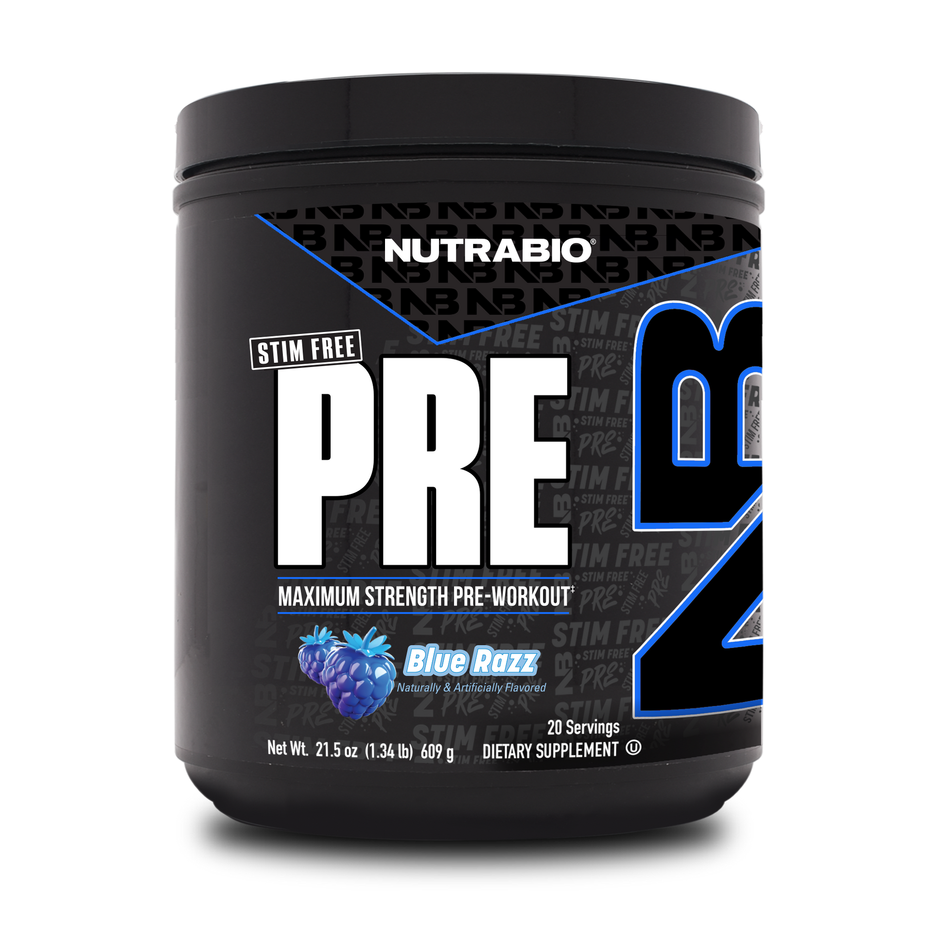 A black tub of NutraBio's Pre Workout supplement on a white background.