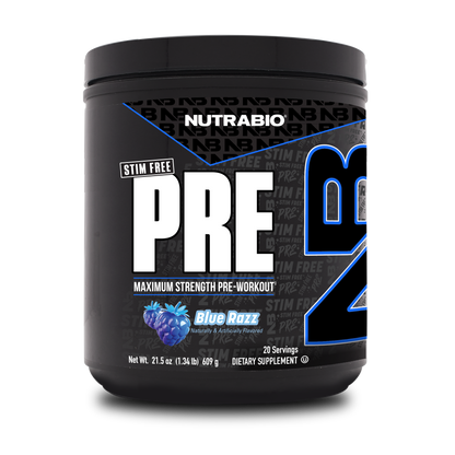 A black tub of NutraBio's Pre Workout supplement on a white background.