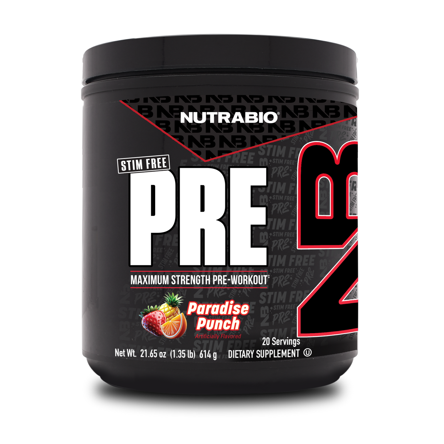 A black container of NutraBio PRE Workout Stim Free in Paradise Punch flavor features bold white and red text, fruit imagery, and details highlighting 20 servings designed for muscle pumps and strength, with no stimulants.