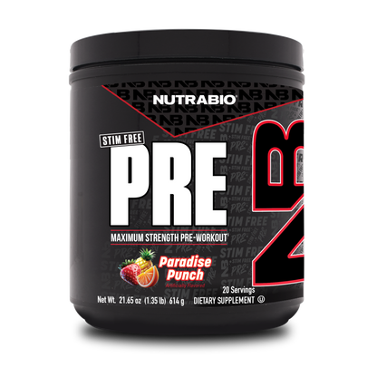 A black container of NutraBio PRE Workout Stim Free in Paradise Punch flavor features bold white and red text, fruit imagery, and details highlighting 20 servings designed for muscle pumps and strength, with no stimulants.