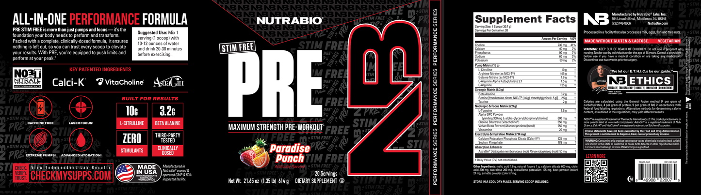 Label for NutraBio PRE Workout Stim Free supplement. Features ingredients, muscle pumps, supplement facts, certifications, benefits, and bold PRE branding in a red, black, and white color scheme.